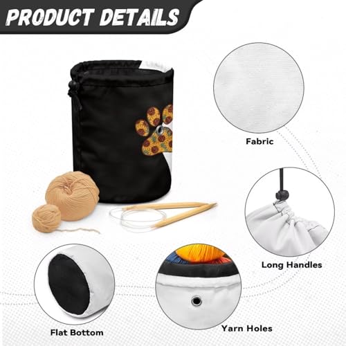 Image of Sellikakes Small Yarn Bag Crochet Storage Organizer, Sunflower Dog Paw Knitting Bag Portable Knitting Bag, Yarn Holder for Crochet Project Knitting & Crochet Needle Accessories