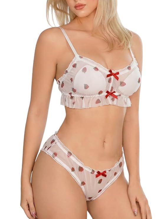 Leorbix Women's Sheer Babydoll Lingerie Set with Strawberry Print, Soft Mesh Bralette & Brief, 2 Piece Nightwear, Romantic Honeymoon & Special Occasion-image-14