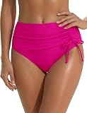Blooming Jelly Womens High Waisted Bikini Bottoms Tummy Control Swim Suit Brief Drawstring Ruched Bathing Suit Bottom(L,Hot Pink)