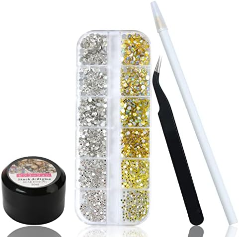 1500PCS Nail Gems for Nail Art with Glue - Crystals Gems for Nails Flat Back Nail Rhinestones in 6 Sizes - Craft Nail Diamonds Kit with 20ML Nail Glue and 1 Picker Dotting Pen and 1 Tweezer