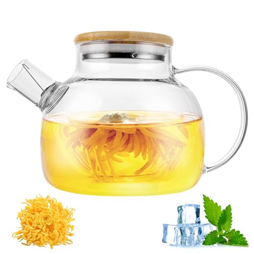 APACALI Theiere Verre avec Filtre, 1000 ml Théière en Verre Transparente avec Infuseur, Theiere en Verre avec Couvercle en Bambou, pour Contenants de Thé aux Fruits et Théière en Fleurs