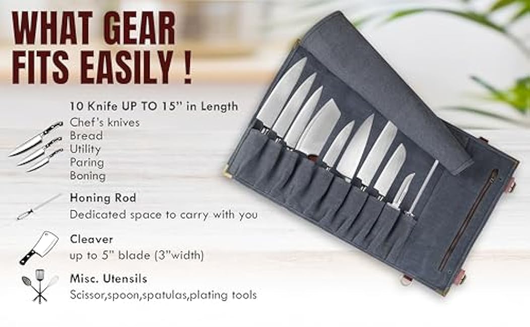 Leather Knife Roll Bag ¨C Chef Knife Bag with 14 Pockets ¨C Durable Canvas & Leather Knife Roll for Professional Chefs ¨C Portable Knife Storage Case