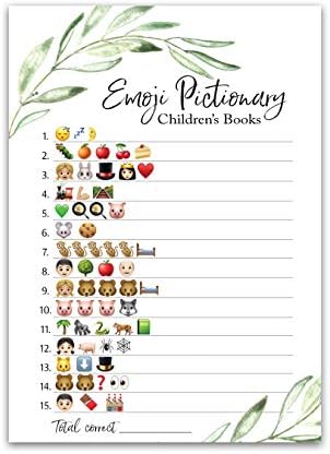 GREENERY EMOJI Baby Shower Game — Pack of 25 — EMOJI Pictionary Children's Books Baby Shower Games, Floral Emoji Games, Gender Reveal Party, Pregnancy, Couples Shower, Gender Neutral Green G320-EMJ