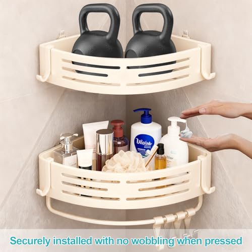 Suction Cup Shower Corner Shelf - 2-Tier Organizer with 8 Movable Hooks & Drying Rod, No-Drill Rust-Free Aluminum Shower, CaddyCream White by VELMORICANA - Image 4