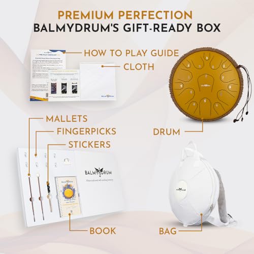 The Balmy Drum - 15 Note 14 Inch Steel Tongue Drum, Steel Drum Instrument, Drums For Children and Adults, Balmy Drum Set for Kids with Music Book, Handpan, Mallet and Carry Bag (Gold)