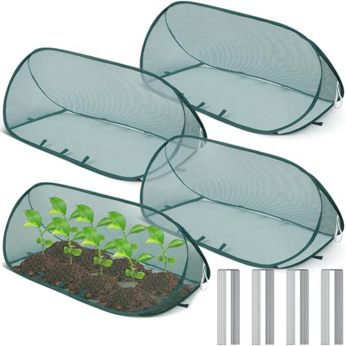 Vincreem 4 Sets 39' x 15' x 15' Pop up Garden Mesh Plant Cover Garden Rows Plants Cover with 24 Pcs...