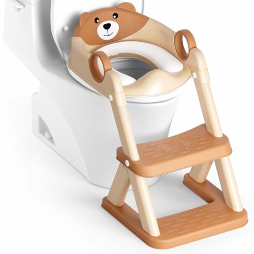 Image of Rabb 1st Potty Training Seat, Upgrade Toddler Toilet Seat for Kids Boys Girls, 2 in 1 Potty Training Toilet for Kids, Splash Guard Anti-Slip Pad Step Stool（Brown）
