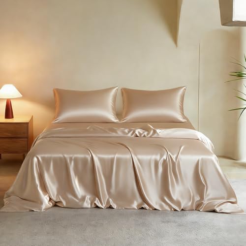 THXSILK Luxury Queen Silk Duvet Cover Set 3 Pieces Extra Soft Breathable & Cooling Bedding Set Machine Washable & Durable 1 Duvet Cover & 2 Pillowcases with Zipper Closure(Champagne)