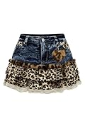 MakeMeChic Women's Y2K Leopard Print Lace Trim Denim Mini Skirt Fuzzy Ruffle Layered Skirts Blue Brown X-Large