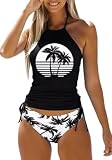 Women's Coconut Tree Graphic Drawstring Tankini Set Funny Two-piece Halter Tankini Swimsuit Summer Beach Vacation Bathing Swimwear Tops(M,Black-F)