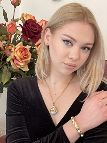 White Handmade 24K Gold Faberge Necklace & Bracelet Jewelry 1.5" Russian Faberge Egg Pendant Necklace Locket Gift 23.5" +3.5" Extension 2Mm Rope Chain Bridal Shower Wedding Engagement Jewelry 5Ct #TOP4