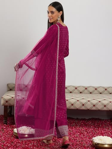Image of Libas Woven Design Silk Blend A-Line Kurta With Trouser and Dupatta