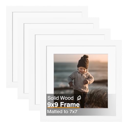 KINLINK 9x9 Picture Frame, White Square Solid Wood Frames for Pictures 7x7 with Mat or 9x9 without Mat, Wall and Tabletop Display Photo Frames White 4 Pack by KINLINK - Used condition - US$21.89