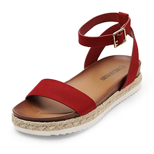 DREAM PAIRS Women's Open Toe Platform Espadrille Wedge Sandals Comfortable One Band Dressy Casual Sandals for Women 6 Red/Suede