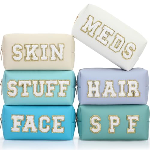 Kigeli 6 Pcs Preppy Patch Makeup Bag Large Chenille Letter Bag PU Leather Waterproof Travel Cosmetic Pouch Back to School Essentials for Women Girls Teacher(Morandi Color)
