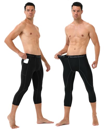 Roadbox Mens 3/4 Compression Pants with Pockets, 1/2 Pack Athletic Running Legging Tights, Workout Basketball Gym Base Layer4