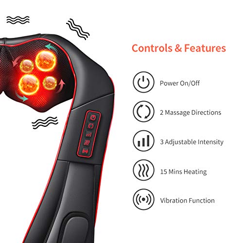 Handsfree Shiatsu Neck Shoulder Massager ELLESYE Electric Back Massage with Heat Vibration Deep Kneading Tissue Massage for Muscles Pain Soreness Relief in Office and Home