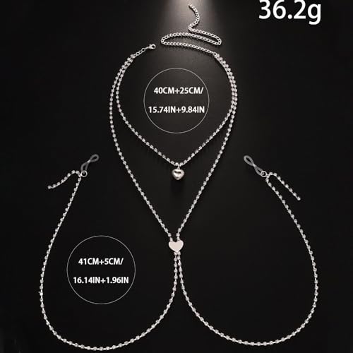 Sutiã de corrente de colar de strass para mulheres, arnês de biquíni, corrente de mamilo, coração de