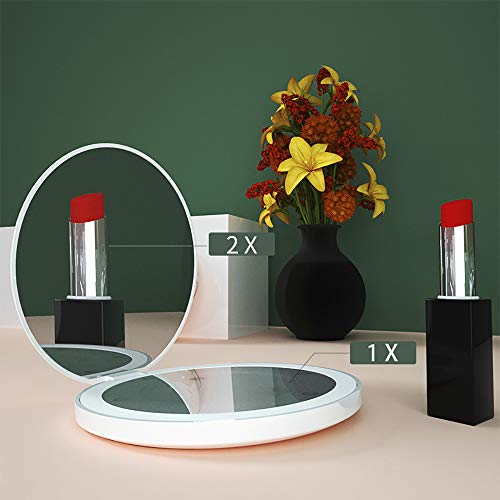 Aekegrep Led Lighted Travel Makeup Mirror, 1X/2X Magnification Compact Mirror, Compact, Portable 3.5 Inch Illuminated Folding Mirror, Handheld 2-Sided Mirror, Round (Pink) #TOP2