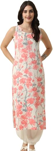 Ethnic Lady Roundiscose Rayon White Long Kurti for Women | A-Line Kurta | Round Neck Tunic for Women | SleeRoundeless Stra...