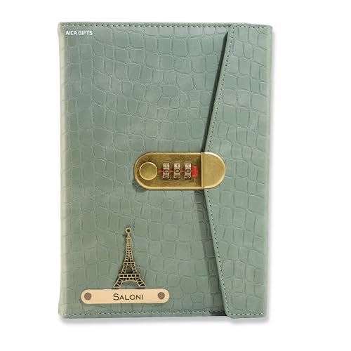 Image of AICA Personalized Name & Charm Lock Leather Diary A5-230 Pages with Locked Password Combination | Customized Daily Journal Notes Gift for Men Women Corporates Boss Staff Manager Colleagues (MintGreen)