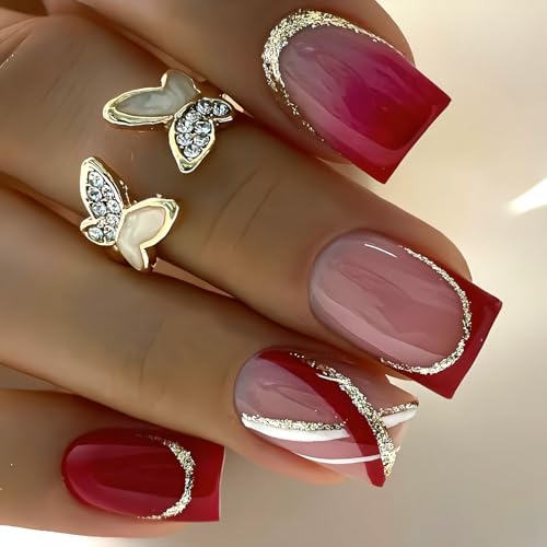 24Pcs Red Press on Nails Short Square Fake Nails French