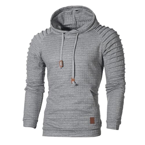 Hooded Sweatshirt for Mens Casual Long Sleeve Drawstring Waffle Knit Plaid Jacquard Pullover Autumn Winter Hoodies