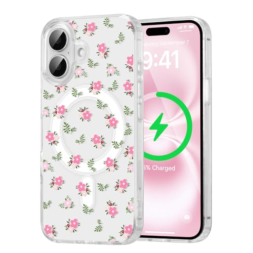QLTYPRI Magnetic for iPhone 16 Plus Case Compatible with Magsafe, Cute Floral Flower Aesthetic Phone Case Slim Clear Anti-Yellowing Shockproof Phone Cover for Girls Women - Pink White by QLTYPRI - Used condition - US$6.29