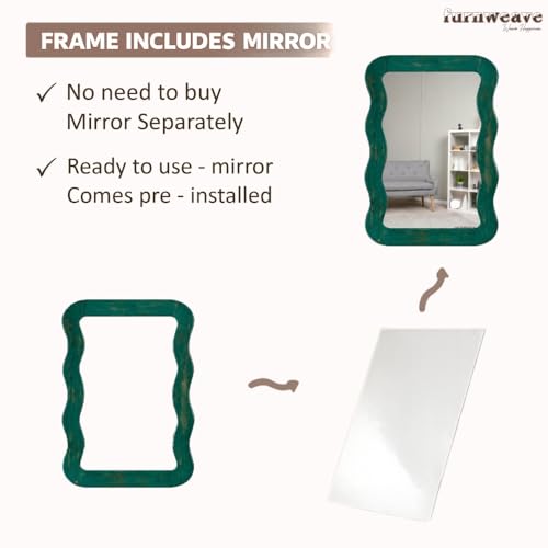 Image of FURNWEAVE Jevar Antique Wall Mirror - Premium Solid Wood Frame | Modern Wall Mounted Decorative Mirror for Living Room | Wall Hanging Mirror for Bathroom Wall & Room Corner | Dark Green Distress