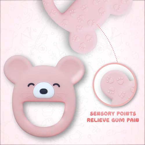 Image of Baby Teether, Safe Chew Toy for Infants, Soothing Relief for Teething Pain, Cute Animal Shape, Easy Grip for Tiny Hands (Pink Mouse)