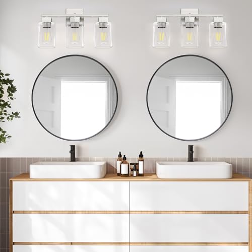 Image of Brush Nickel Bathroom Vanity Light - 3 Light Bathroom Light Fixture Square Design & UL Certification & Square Bath Room Lights Fixture Over Mirror