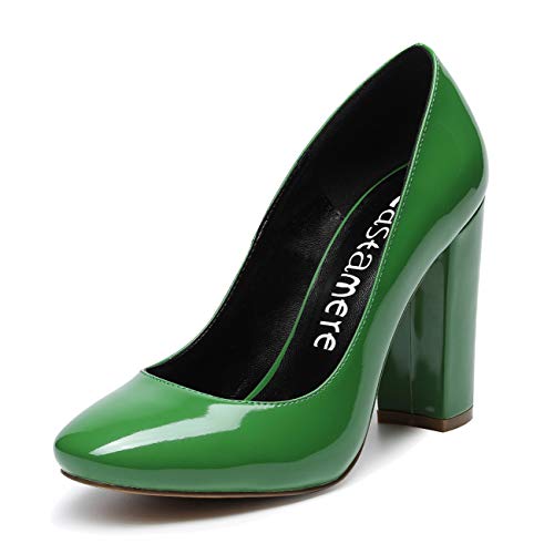 Castamere Mujer Clásico Tacón Ancho Zapatos de Tacón Confort Punta Redonda Zapatos Mujer Sexy Boda Vestido Partido Oficina Tacones Altos 10cm Charol Verde EU 37.5