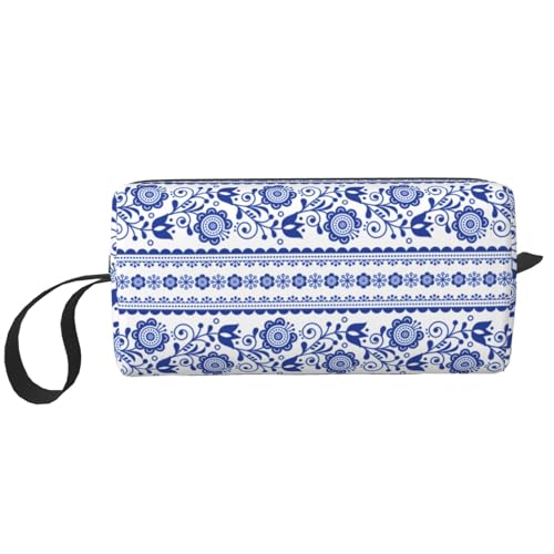 OLUSENMO Folk Art Blue-White Floral Makeup Bag Small Compact & Durable Boho Travel Cosmetic Bag...