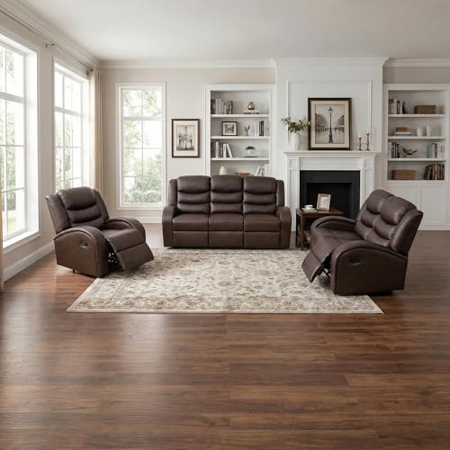 Brown Leather Recliner Sofa Set 3-Piece