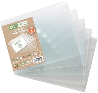 eco-eco A5 50% Recycled Clear Transparent Press Stud Popper Wallet, Plastic Folders (Pack of 5), eco032