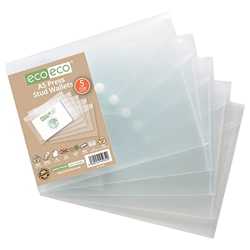 eco-eco A5 50% Recycled Clear Transparent Press Stud Popper Wallet Plastic Folders (Pack of 5) eco032