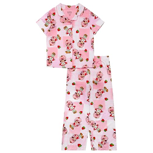 Strawberry Shortcake Girls 2-Piece Loose-fit Button Down Matching Pajama Set, Soft & Cute for Kids, STRAWBERRY PATCHWORK, 10