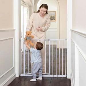 InnoTruth 28.9-42.1" Wide Baby Gate for Stairs, 30" Tall Dog Gates for Doorways Expandable One-Hand Open, Easy Walk Through Dual Lock Metal Pet Gates for Dogs, White-Family & Mom's Choice Award Winner
