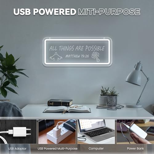 Image of ALL THINGS ARE POSSIBLE Neon Sign, MATTHEW 19:26 Neon Signs for Wall Decor, Dimmable Acrylic Neon Lights for Living Room Bedroom Classroom School Office Church, Perfect Gifts