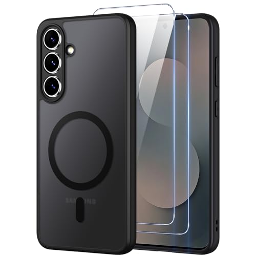 Oelrstfe pour Samsung Galaxy S25 Fe 5G Coque Compatible avec MagSafe avec 2 Verre Trempé, Magnétique Etui Translucide Mat Arrière Housse, Protection D'objectif Ultra Fine Antichoc Case, Noir
