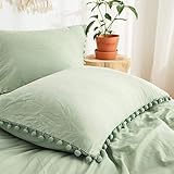 Sage Green Pom Poms Pillowcases, Green Standard Pillow Cases Set of 2, 100% Washed Microfiber, Dark...