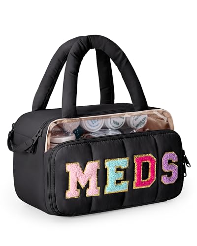 Fasrom Chenille Letter Medicine Bag, Preppy Patch Meds Bags for Travel, Pill Bottle Organizer with Puffy Handles, Portable Cosmetic Toiletry Storage Makeup Case for Women, Black (Bag Only)
