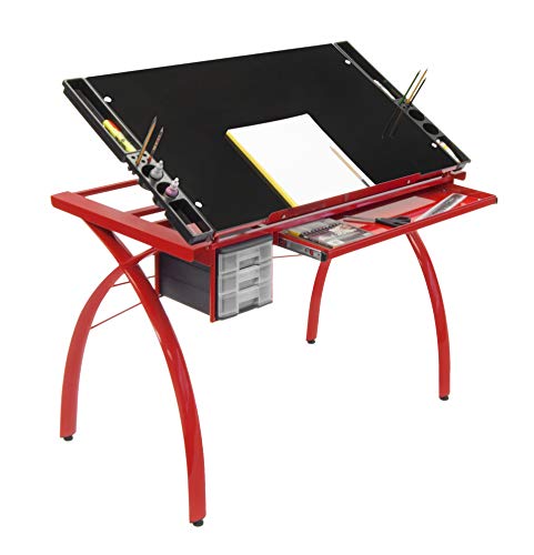 Futura Crafting, Drafting, Drawing Table with Adjustable Top, Red and Black Glass