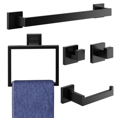 FunViet Matte Black Square Bathroom Hardware Accessory Set,SUS304 Stainless Steel Modern Bathroom Accessories Set-5 Pieces,Bath Towel Bar Set Wall Mounted Modern Tower Rack(16 Inch)