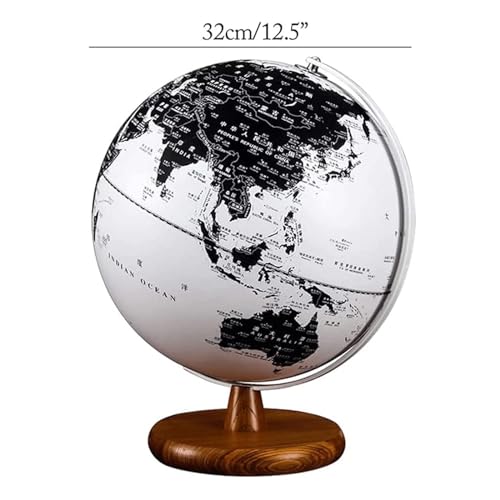 Czarno-biały globus świata lampka nocna, drewniana podstawa mapa geograficzna globus wystrój w stylu vintage do wyspy kuchennej salon sypialnia, 32 cm/12,5 cala