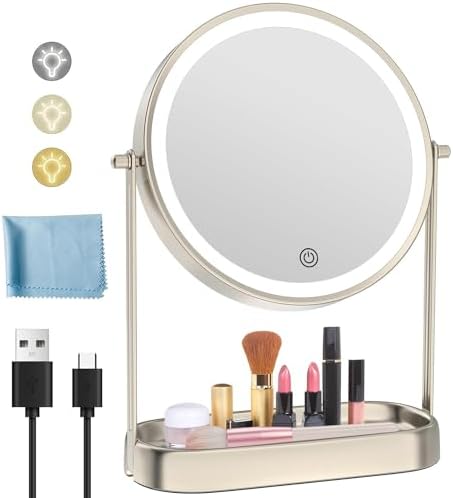 FASCINATE Lighted Makeup Mirror with Storage, 8" Rechargeable Magnifying Mirror with Light, Double Sided 1X 10X & 360°Rotation, Standing Desk Vanity Mirror 3 Color Dimmable with Magnification