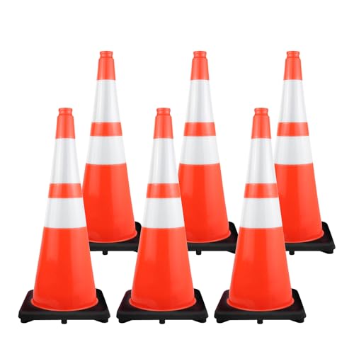 (Set of 6) CJ Safety Large 28 Inch Premium PVC Traffic Cones with Black Base & 6
