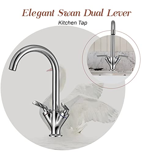 Kitchen Taps, Hapilife Swan Dual Lever Kitchen Mixer Tap Vintage Style Kitchen Sink Tap Mixer Twin Lever Swivel Spout Tap for Kitchen Sink 1 Hole, Chrome