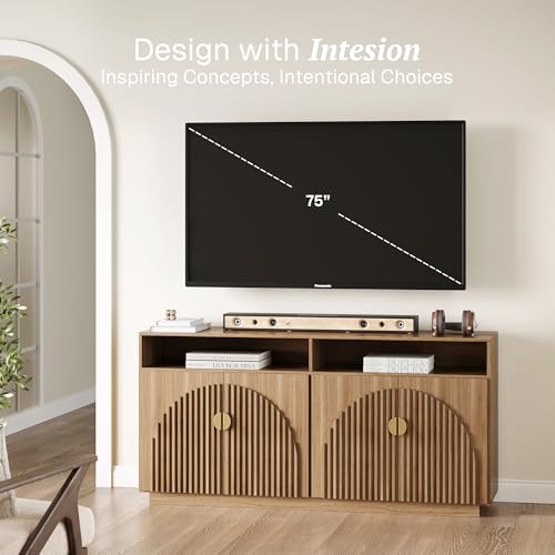 Image of BELLEZE 65-inch Fluted Sideboard with Open Shelf, Mid Century Modern Sideboard with Adjustable Shelves & Cable Management, Wooden Accent Cabinet for Dining Room, Living Room - Caramel Brown