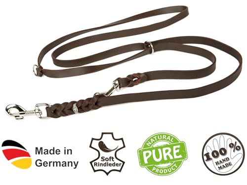 Hundeleine Leder 2m kleine Hunde leicht Fettlederleine [3-Fach Verstellbar] Lederleine geflochten – robuste Leine Hund mit Chrombeschlägen – Führleine Hund & Freihandleine zum Umhängen, Braun 10mm